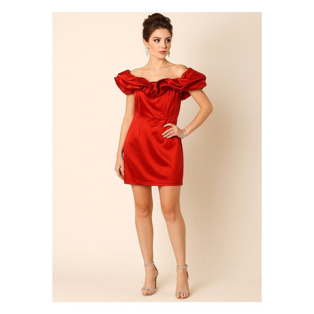 Off Shoulder Red Satin Mini Dress - Size M